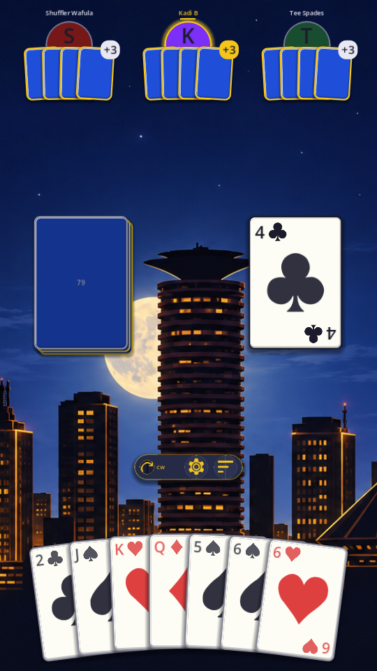 A game of Kadi: four players around the table, with your cards ready to play